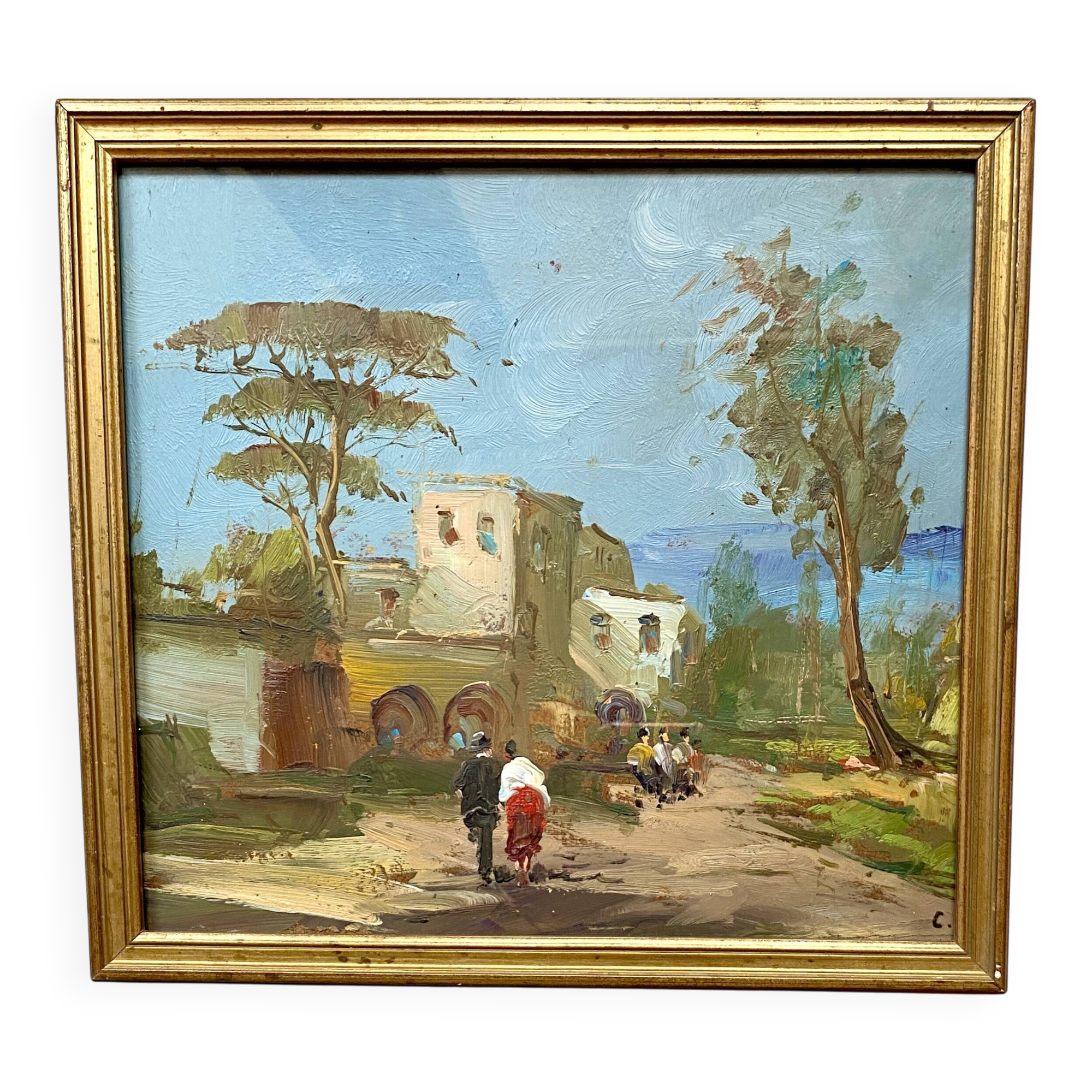 Huile 1950 mise sous verr, cadre bois doré