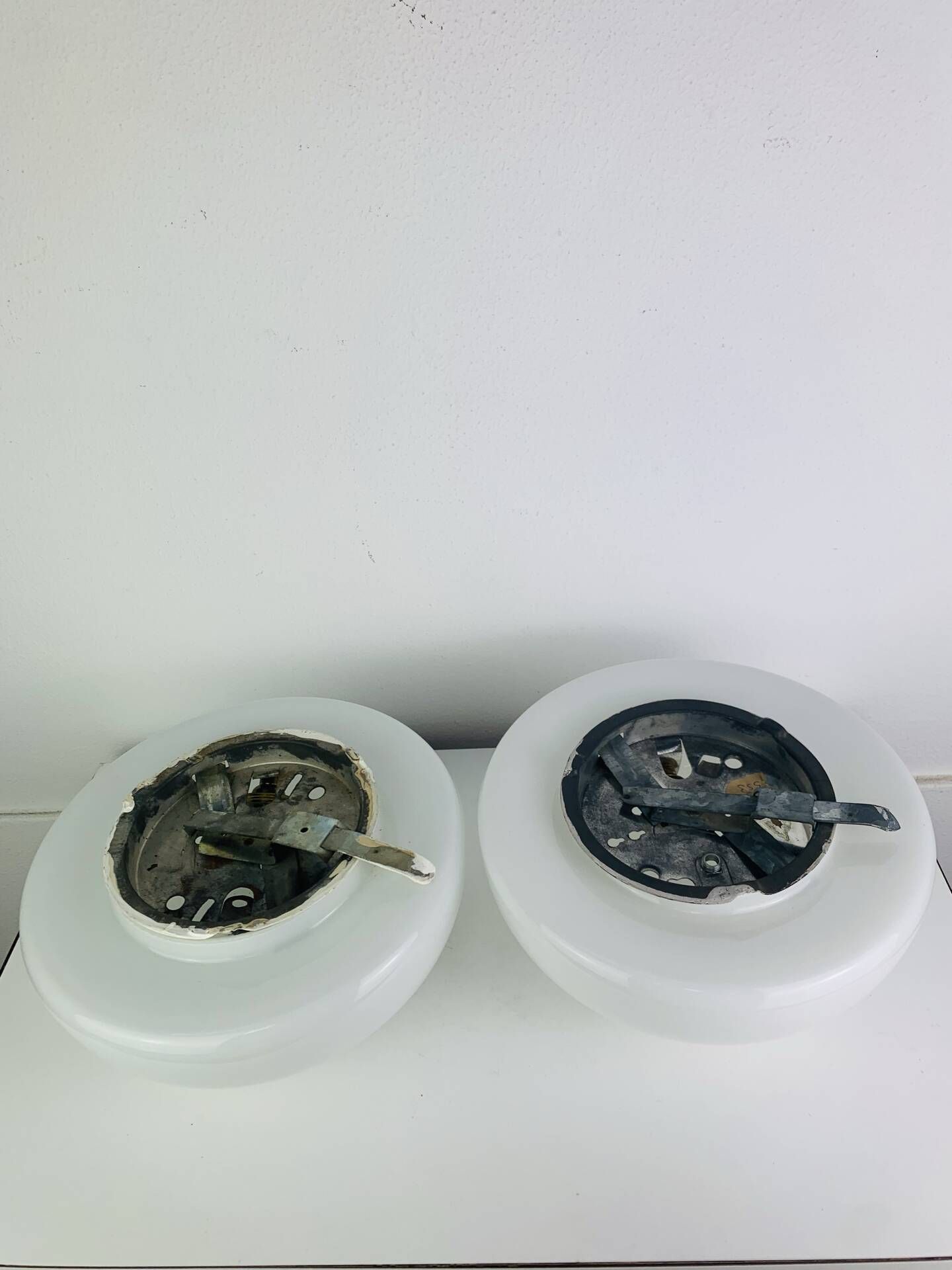 Pair of half-sphere wall lights in white opaline, Italy 1960