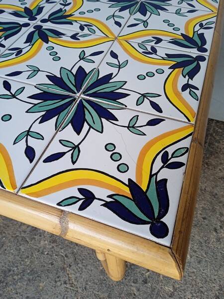 Vintage rattan and ceramic coffee table ep 1970