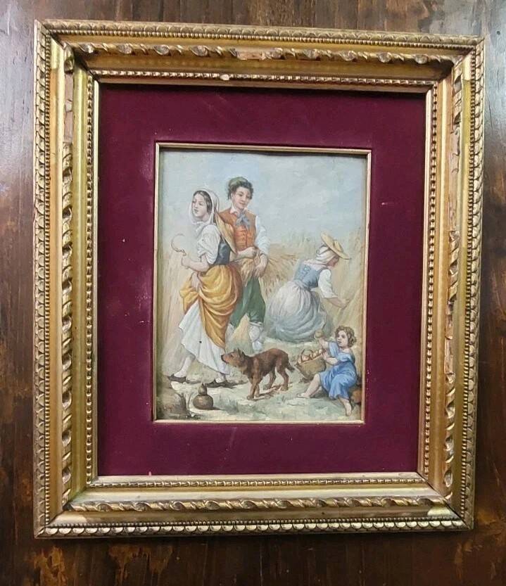 Antique 19th century wood panel, signed oil painting, popular scene