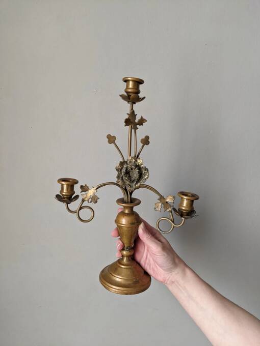 Antique candle holder old brass sunflower baroque countryside three branches