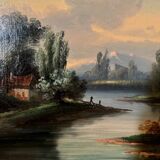 Oil on canvas landscape on the edge of a river late 19th century