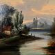 Oil on canvas landscape on the edge of a river late 19th century