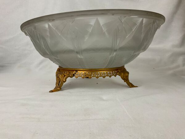 Coupe à fruit centre de table en verre dépoli et bronze art nouveau art déco signée Muller frères