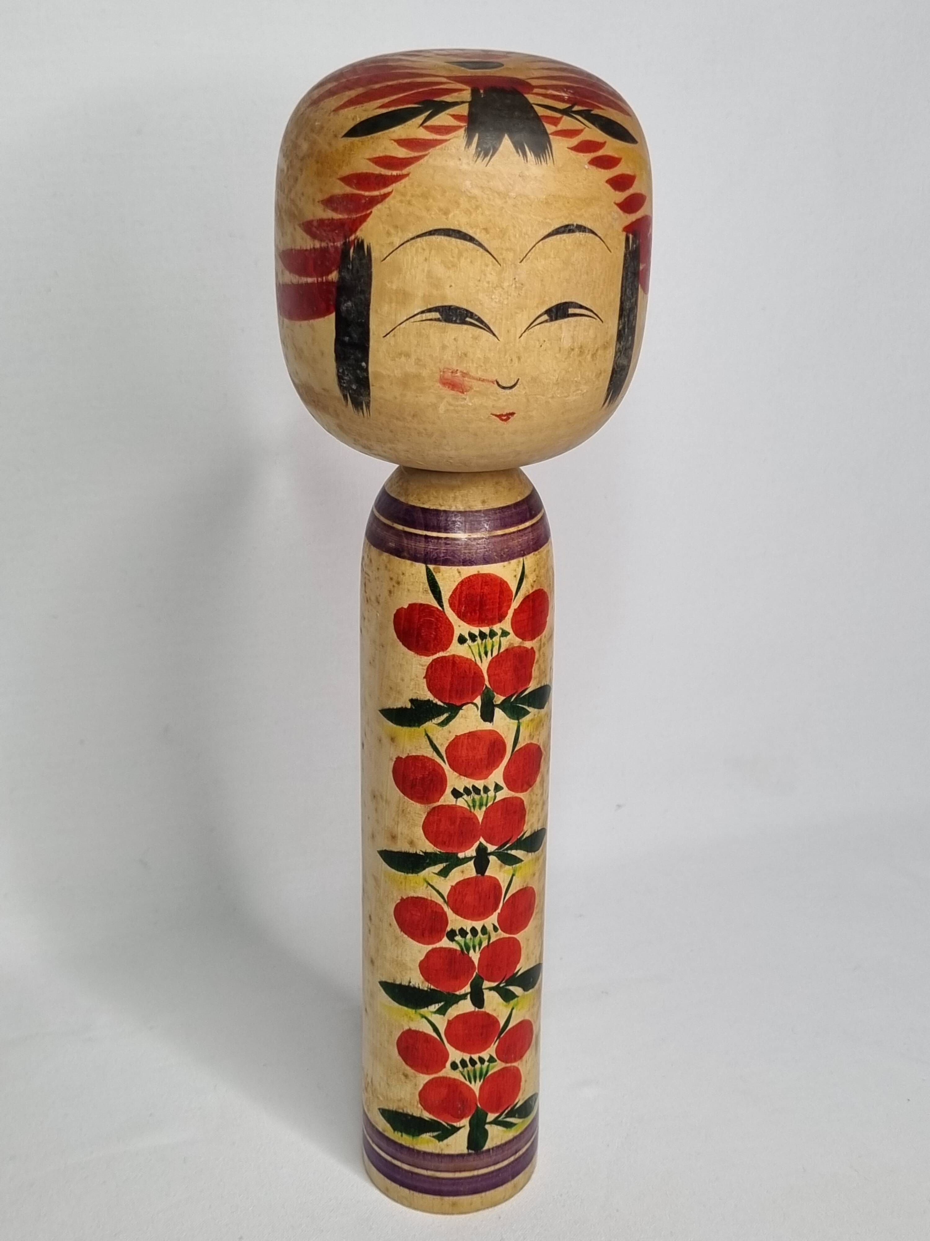 Vintage Japanese Kokeshi doll dated 1986, signed and numbered, floral decoration, 34 cm