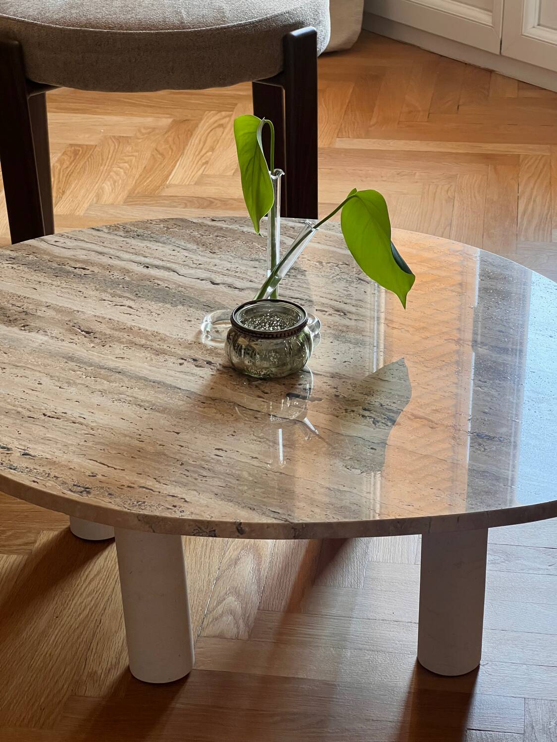 Organic coffee table in travertine.