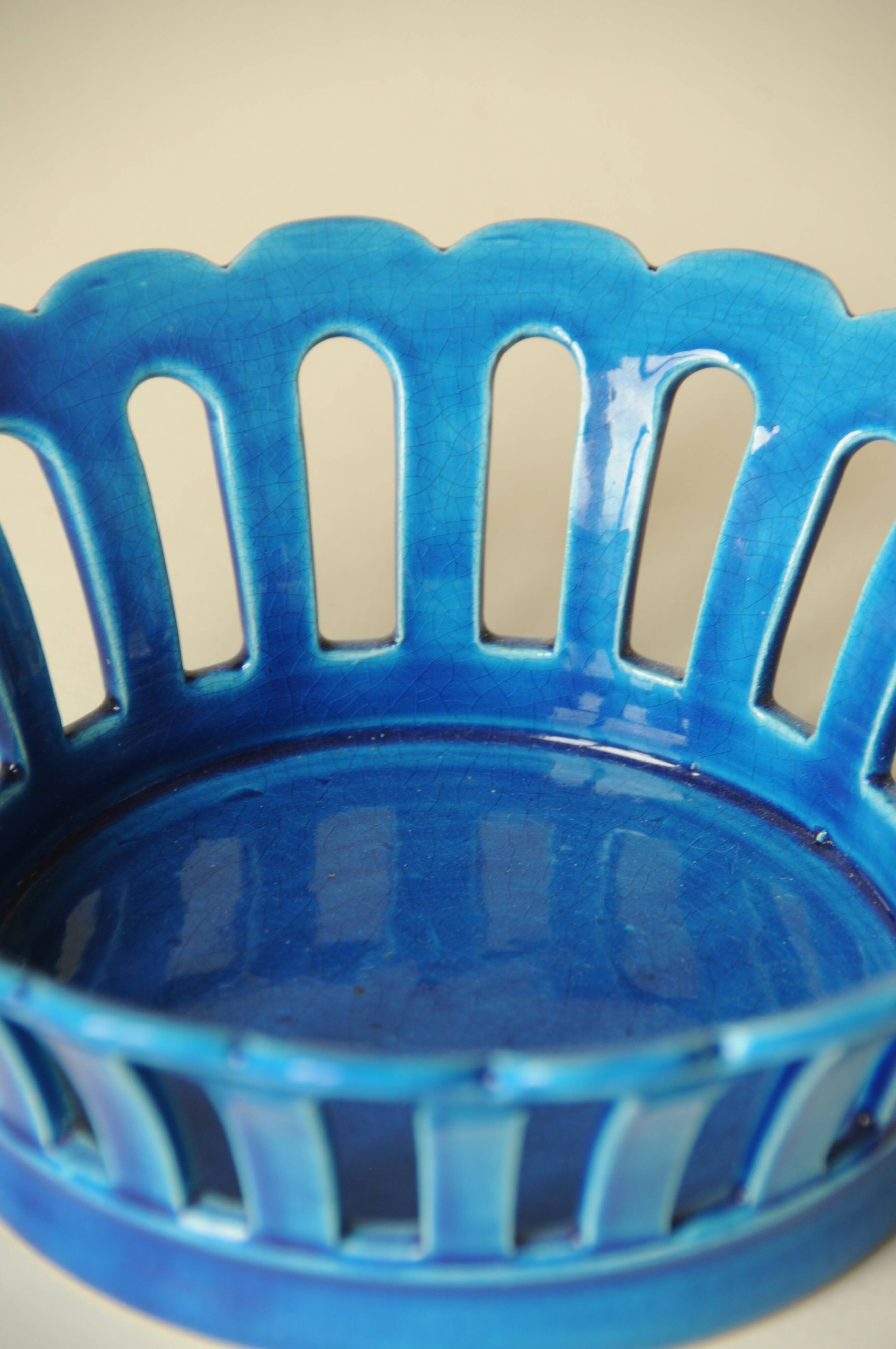 Blue openwork ceramic fruit bowl DLG from Bourg-Joly Malicorne