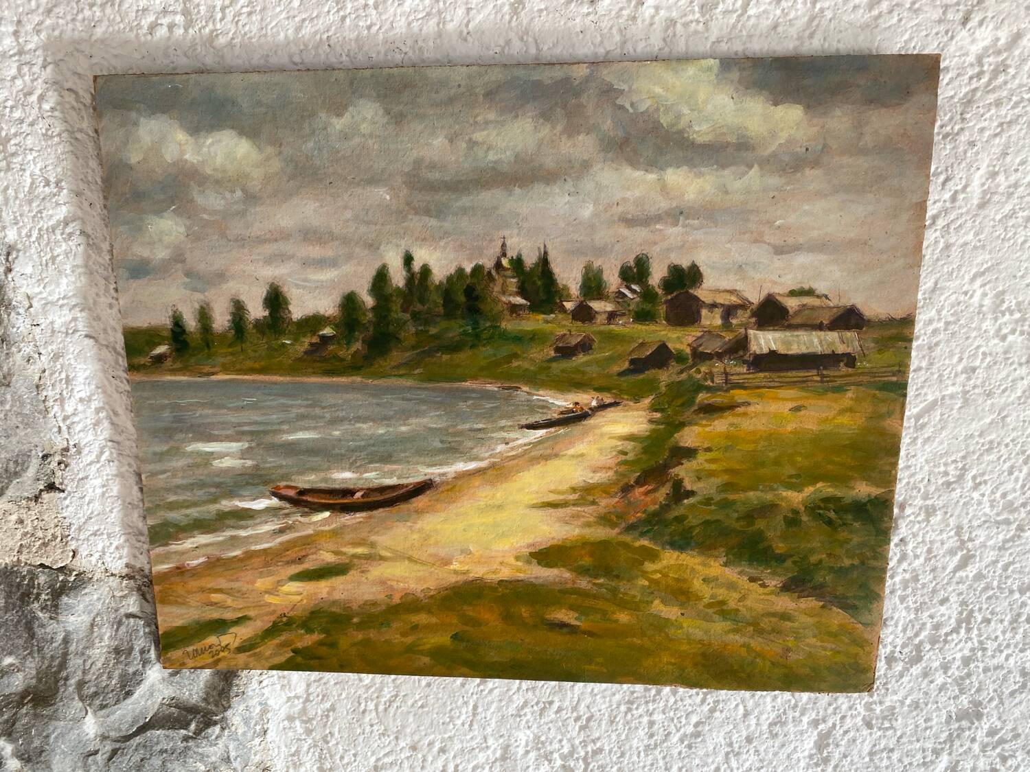 Gouache on panel “village by the water”