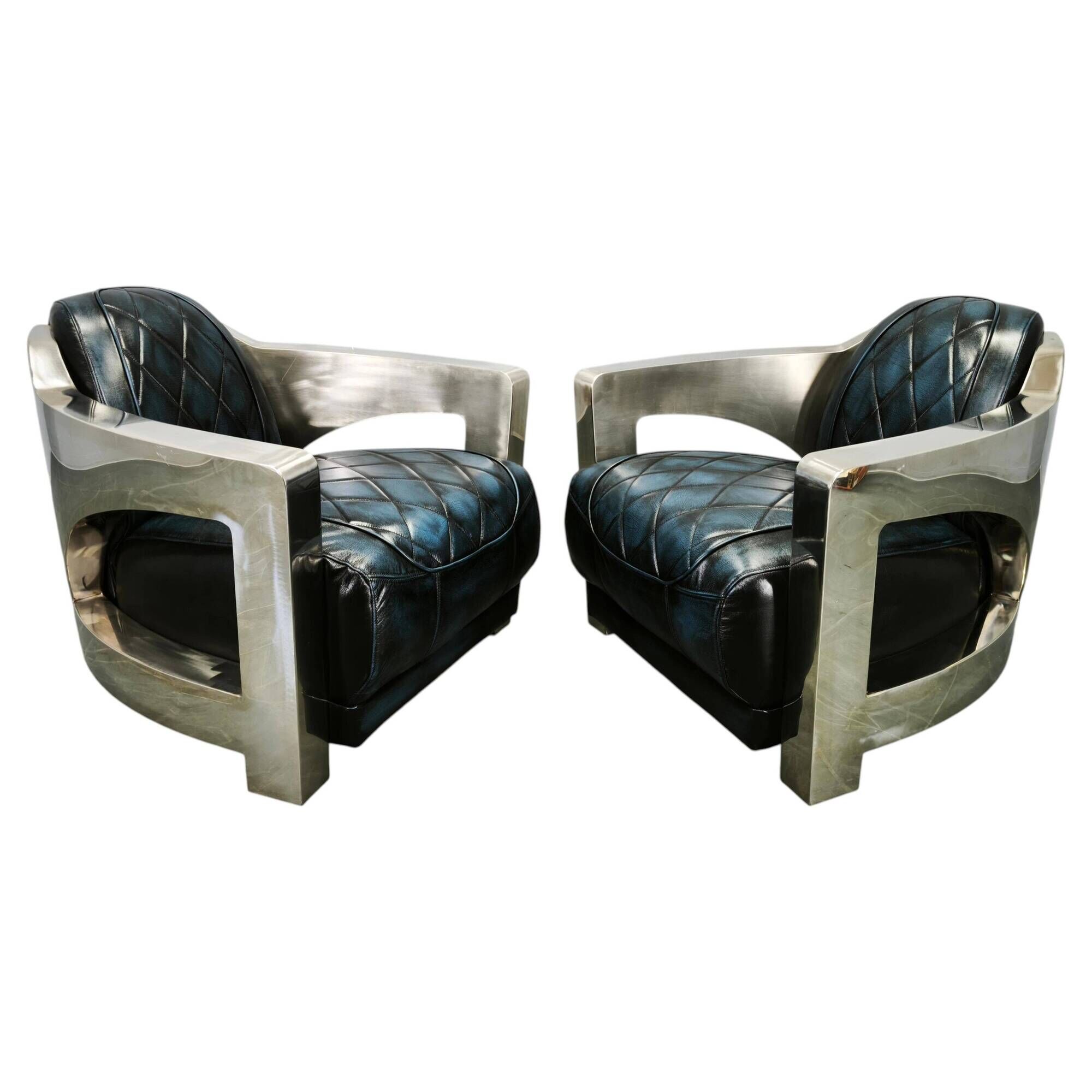 Pair of Timothy Oulton Aviator Leather and Steel Armchairs 1990s