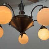 Art deco metal and milk glass chandelier, 1930's