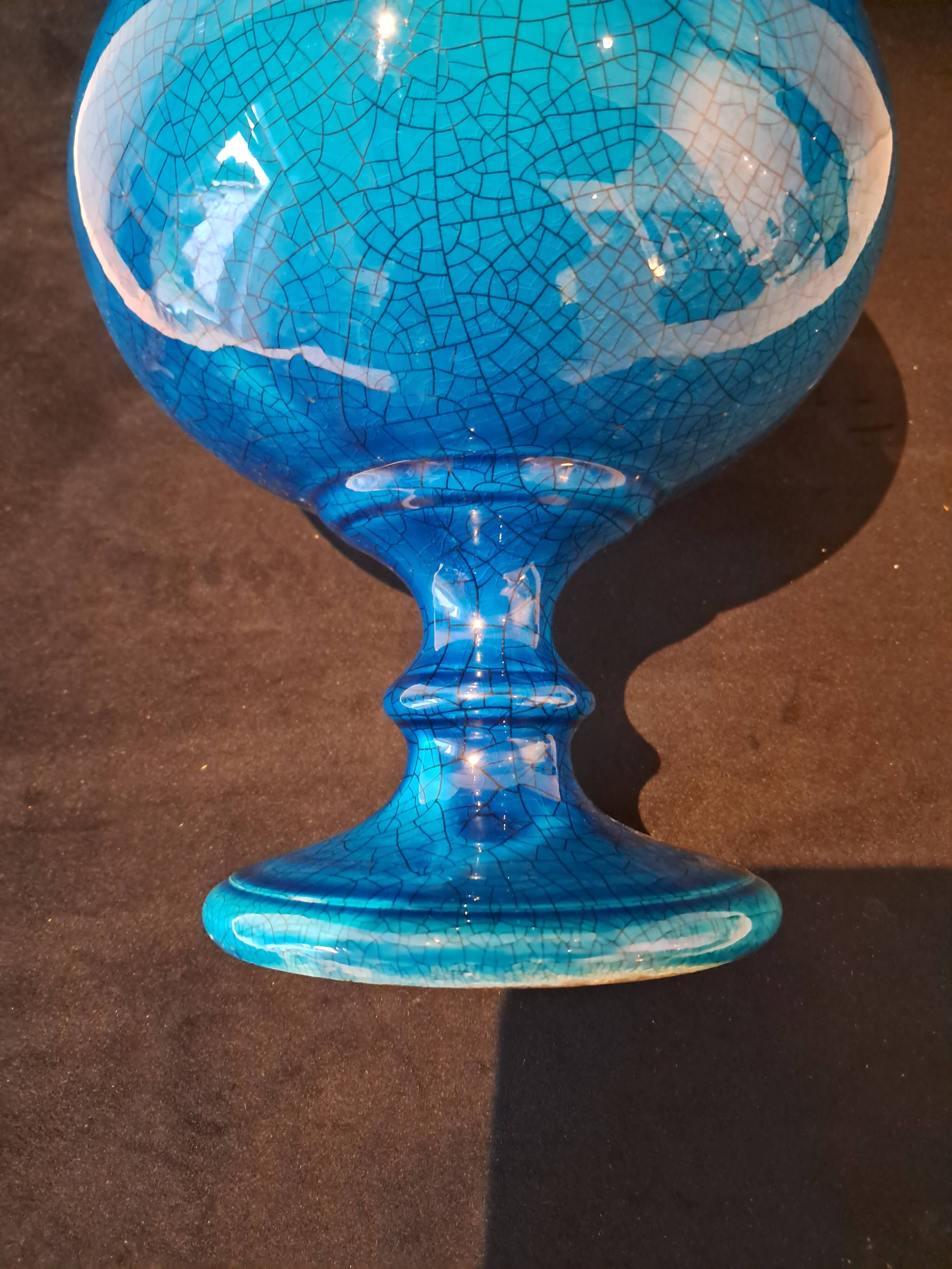 Large Turquoise Crackle Earthenware Footed Bowl Vase