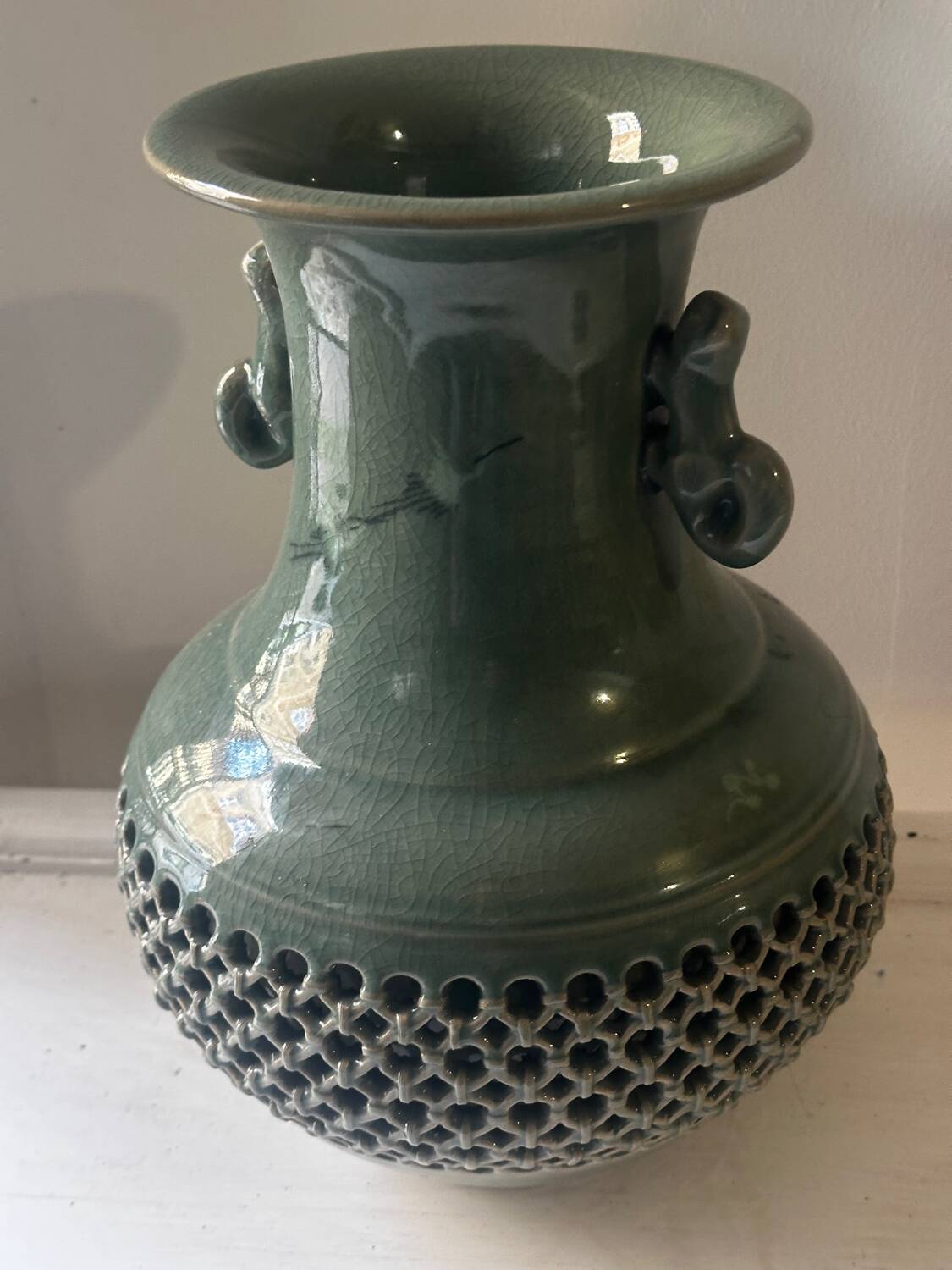 Celadon vase with openwork cranes H 29 cm