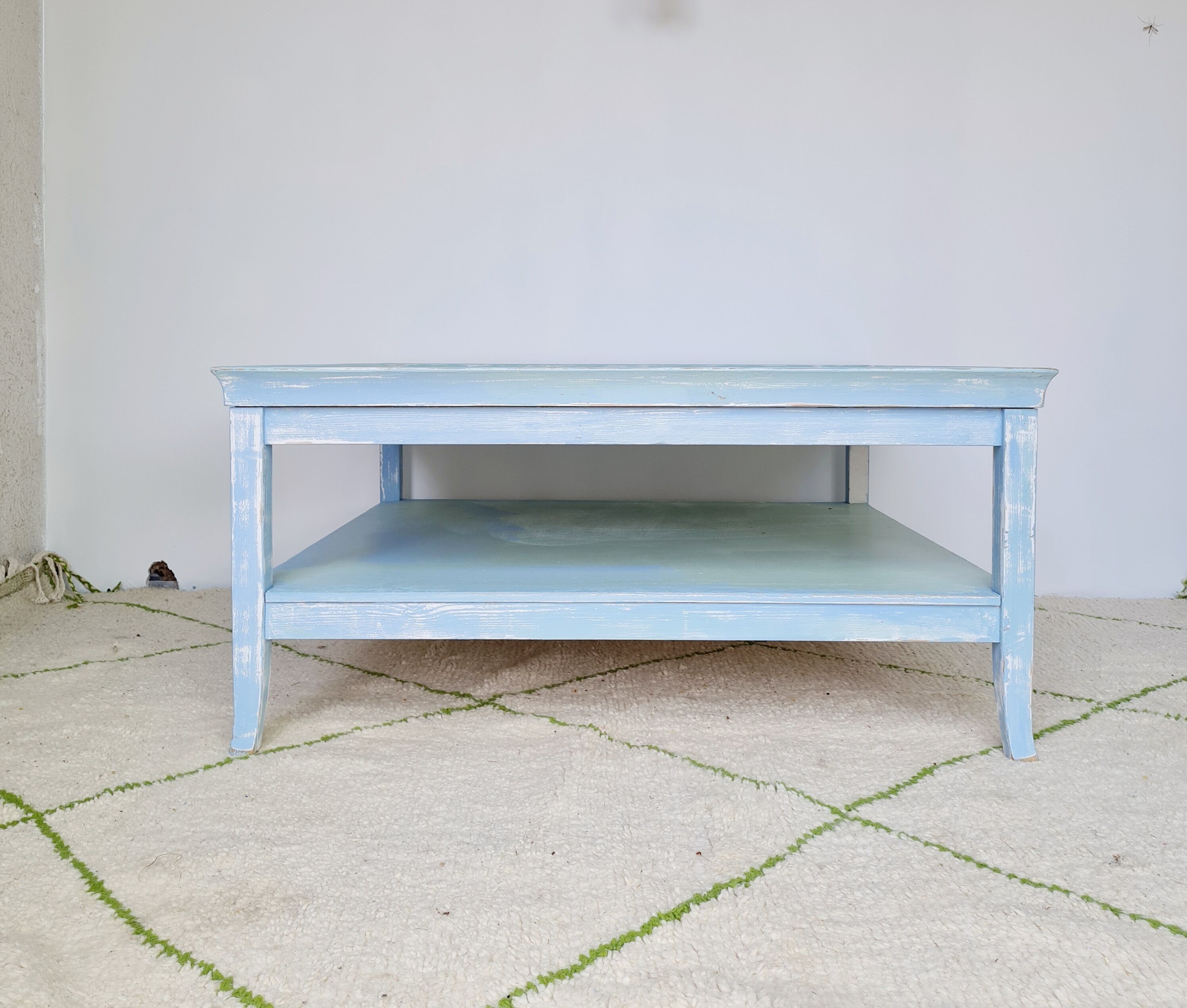 Coffee table in square wood renovated blue