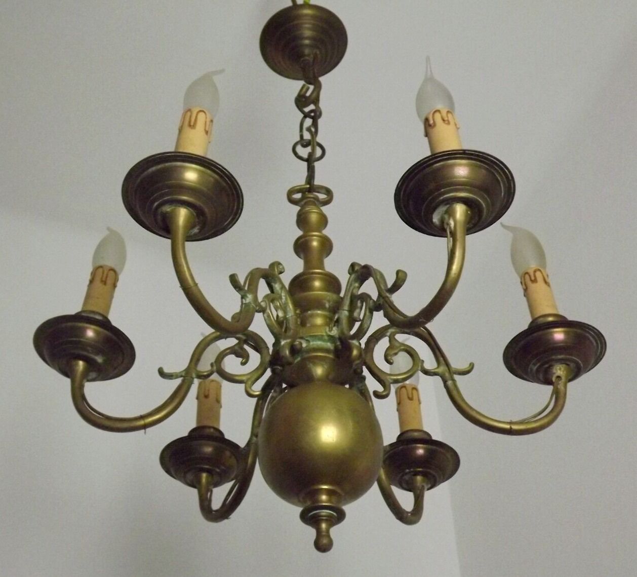 Vintage French 6 Light Heavy Brass Flemish Style Chandelier Card Drips 4050