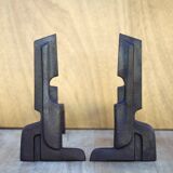 Vintage fireplace andirons France, wrought iron and cast iron andirons, modernist, brutalist, deco