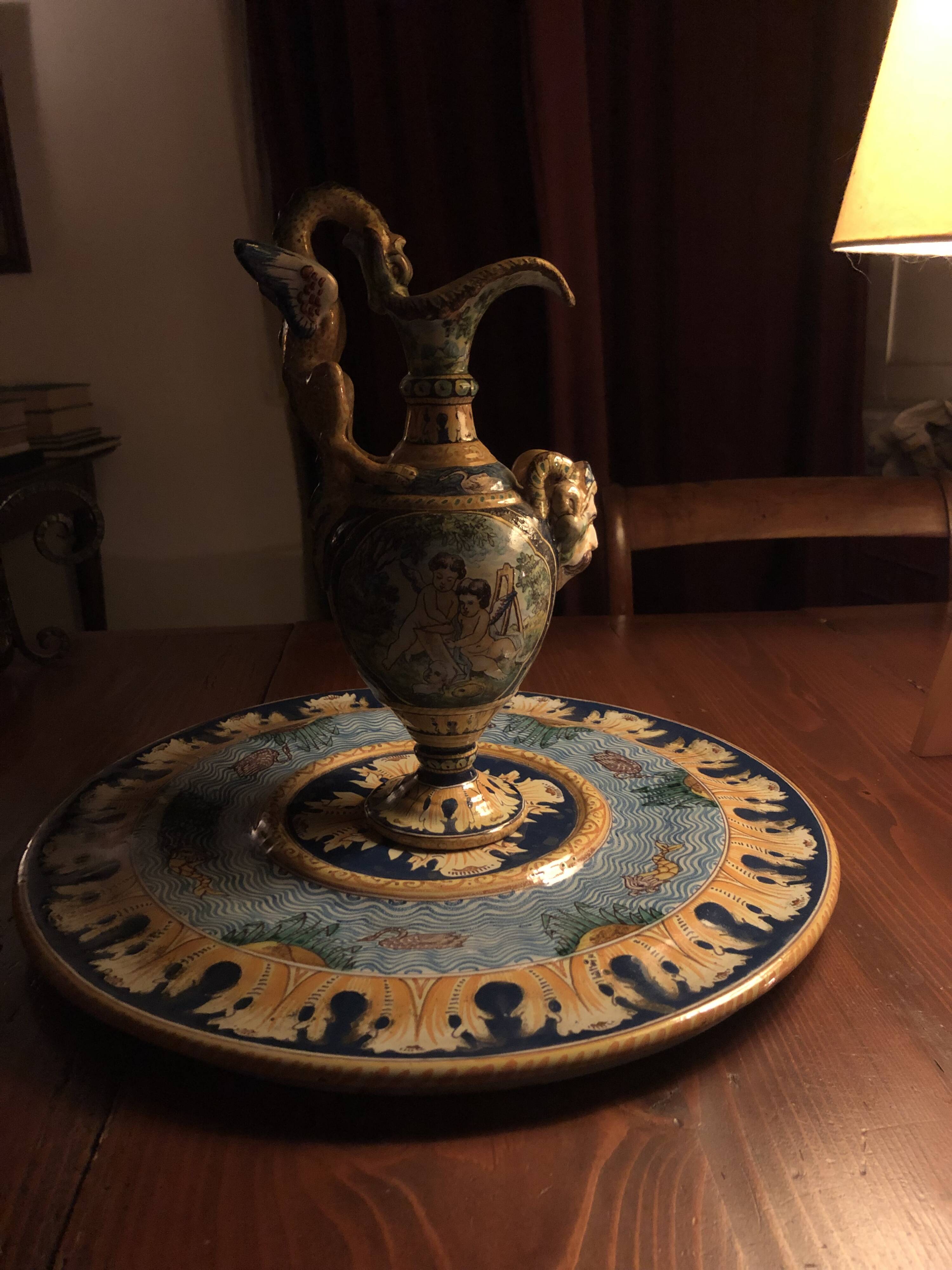 Ewer on base in Nevers earthenware Aintoine Montagnon max diameter 40 cm height 28cm