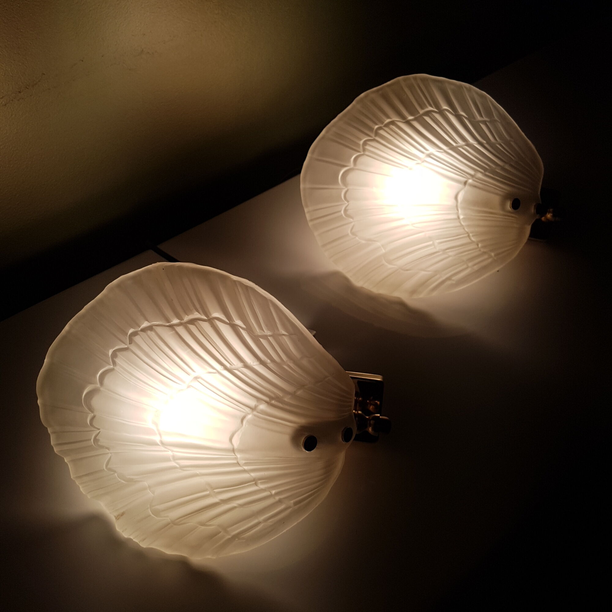 Pair of shell appliques in squeezed pressed glass and golden steel 1970