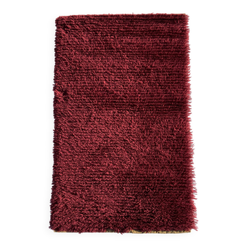 Tapis Rya en laine tissé à la main, design scandinave rouge vintage, années 1970