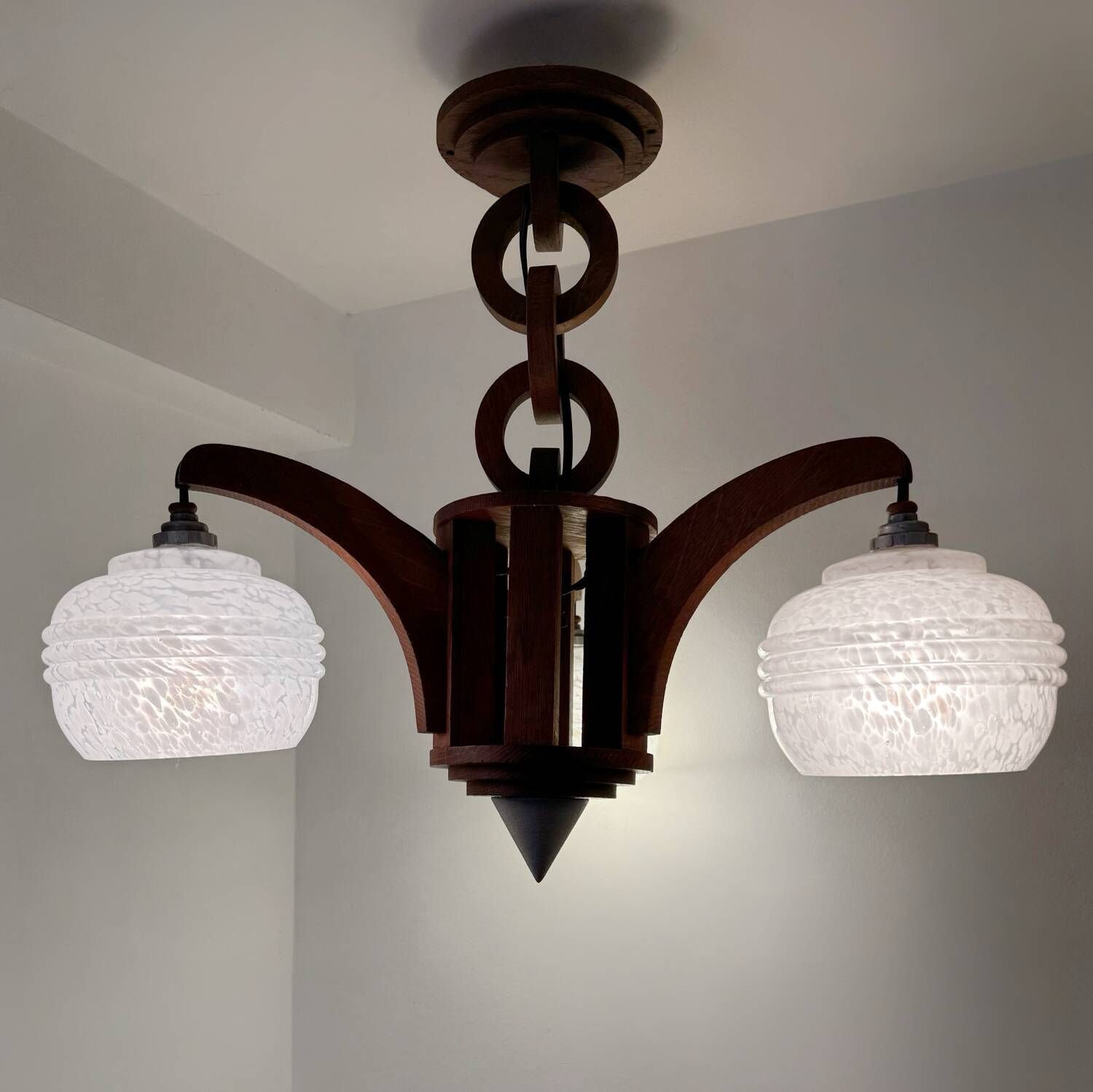Art Deco chandelier in wood and glass from Clichy