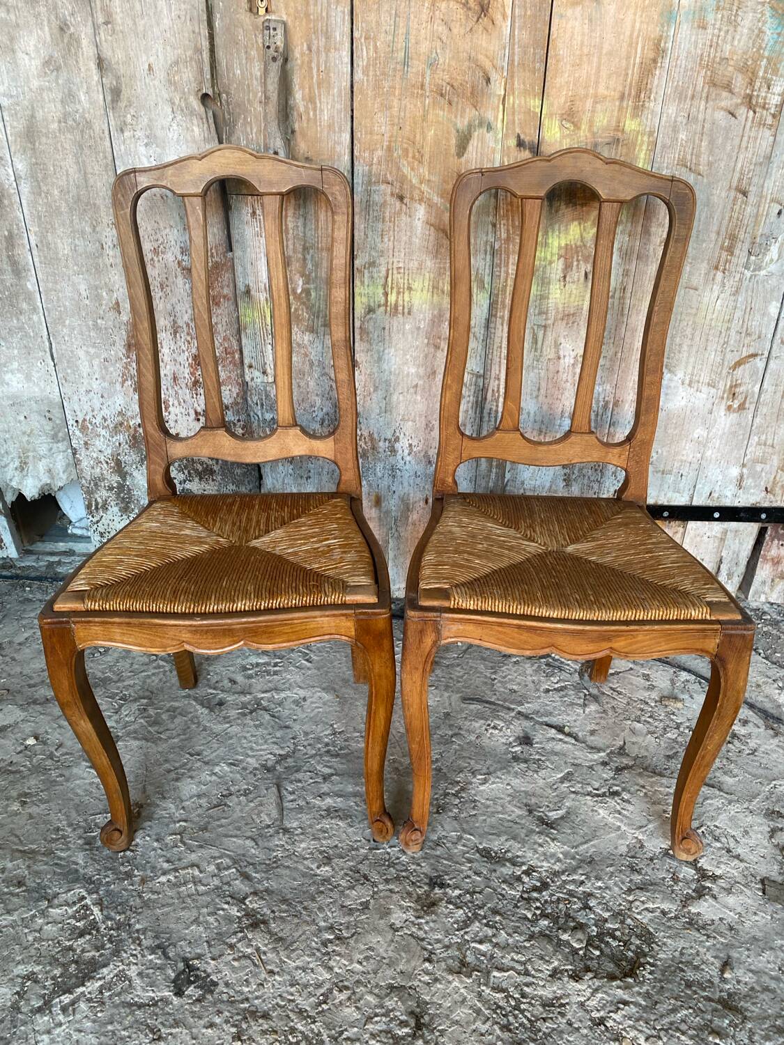 Pair of Antique Art Nouveau Chairs with Wooden Frame + Woven Straw Seat Vintage