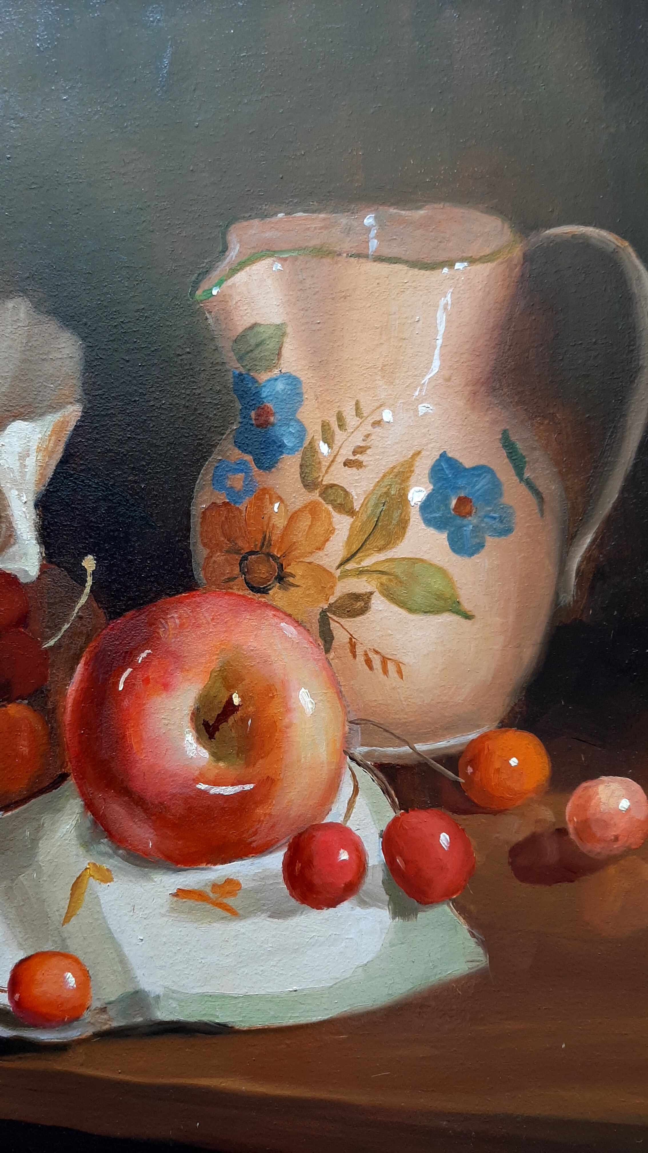 Table Oil Still Life Fruits Cherries Apples and Jug signed***framed***