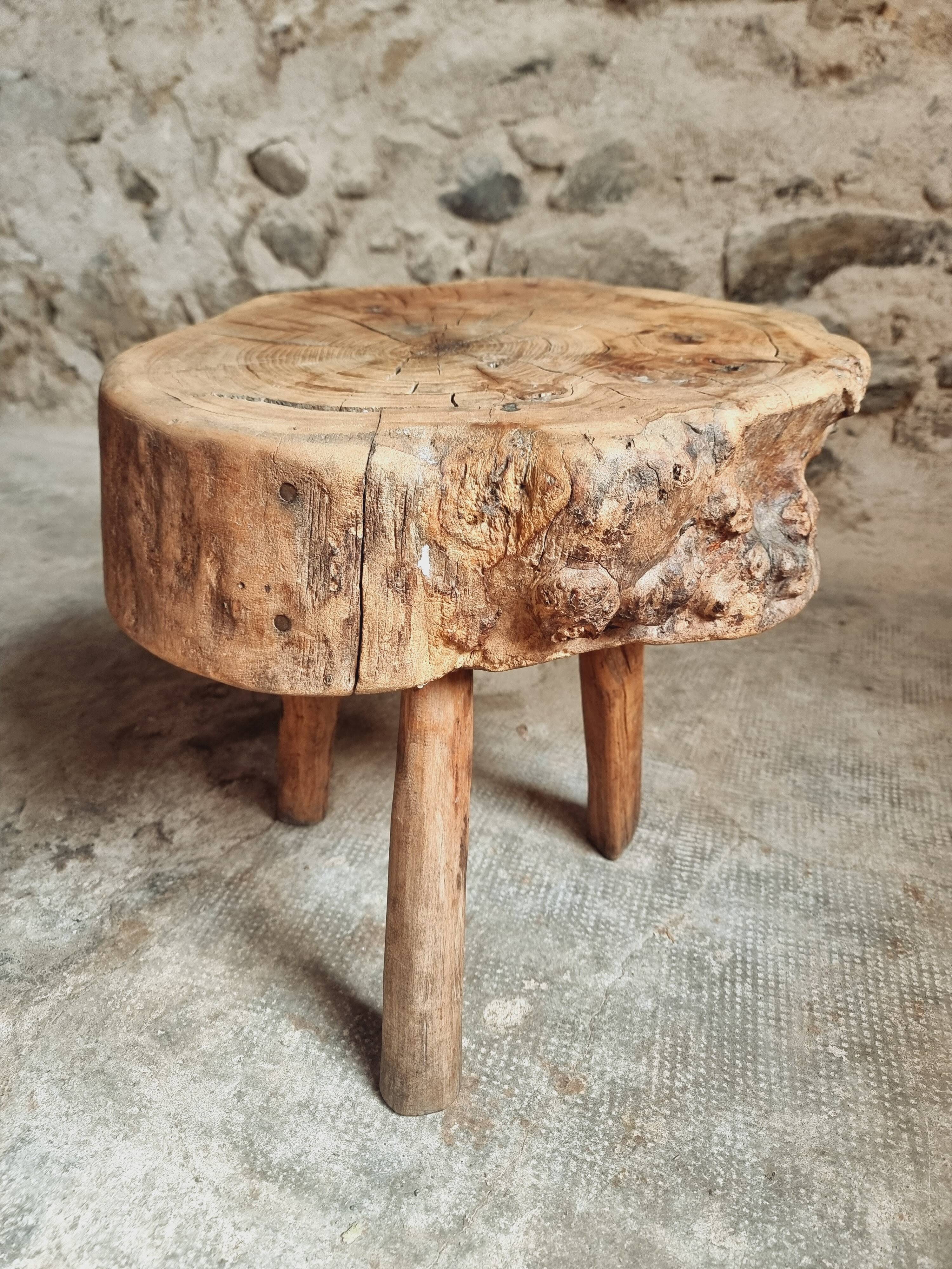 Brutalist stool in solid cherry wood – France circa 1900