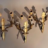 Set of 3 Empire style wall lights in bronze and gilded and green lacquered brass, Circa 1950.