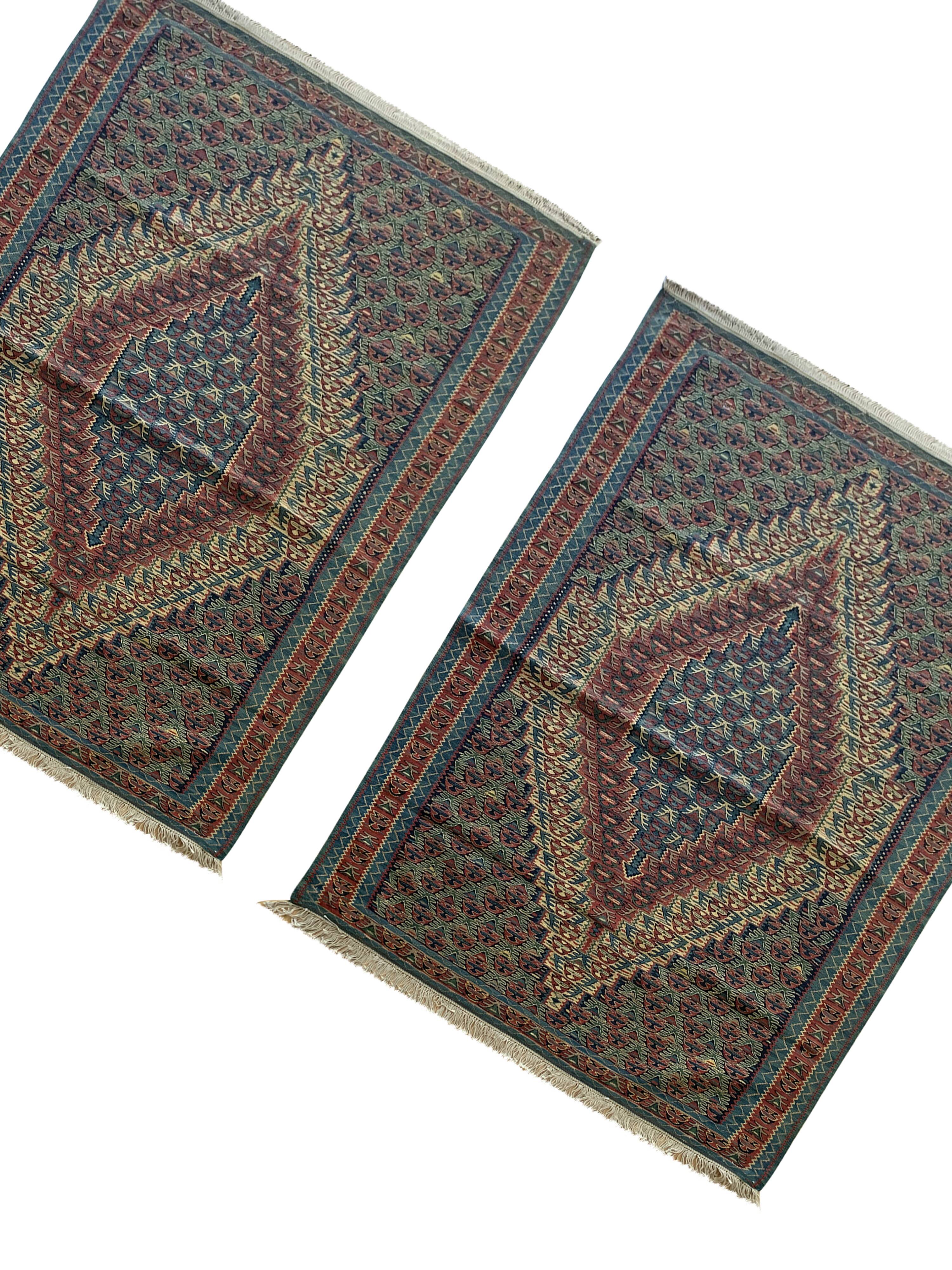 Pair of blue & green silk and wool kilims handmade persian rugs