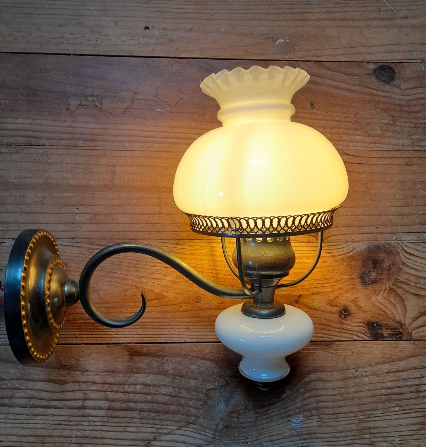 White opaline wall lamp metal, vintage 1960