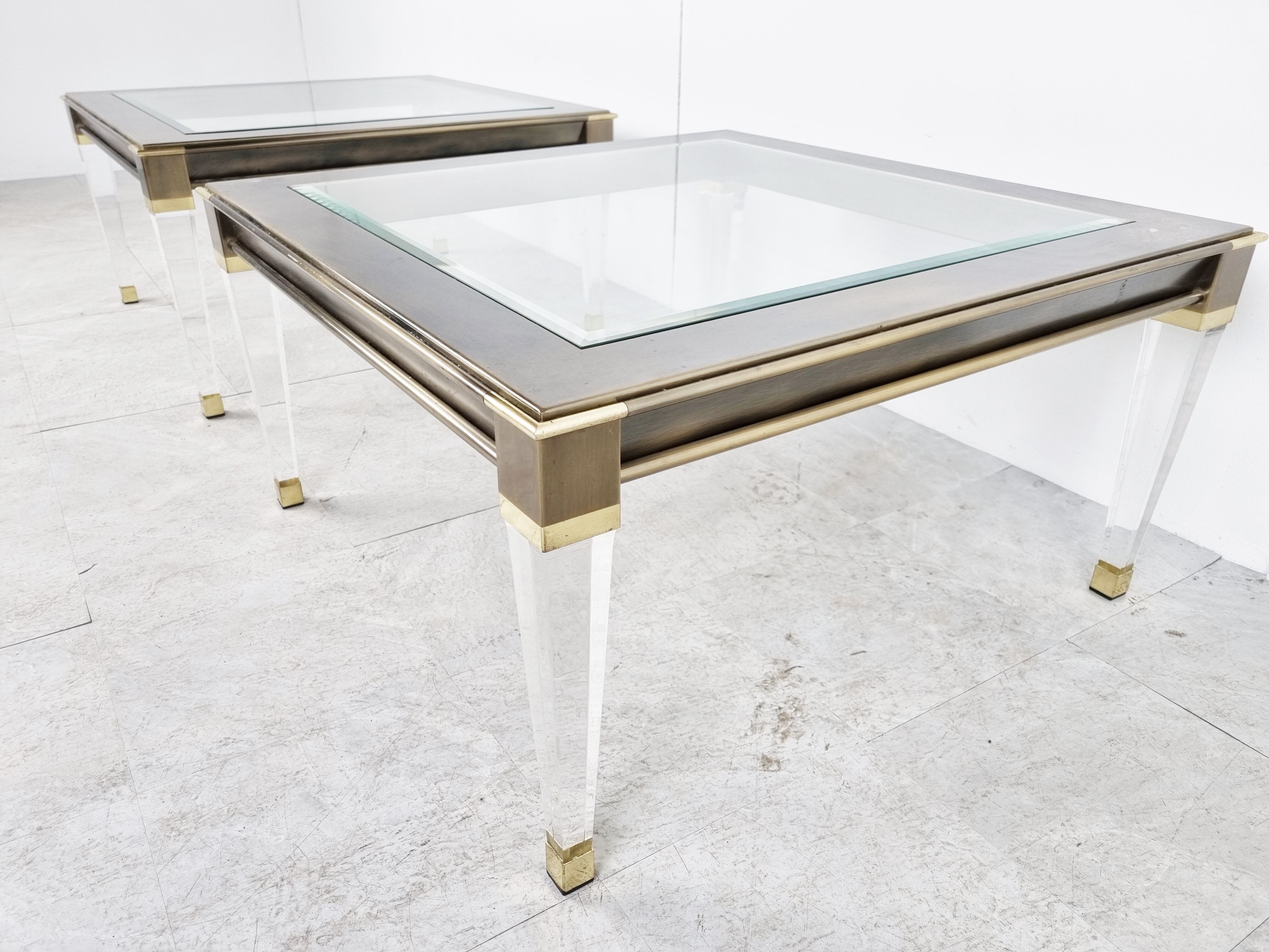 Vintage lucite and brass side tables, 1980s