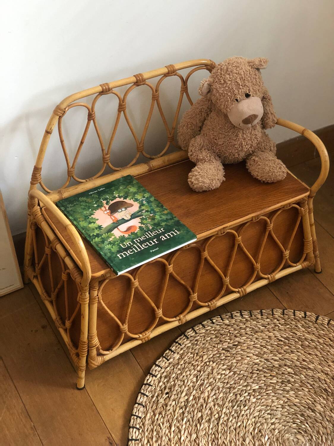 Vintage rattan storage bench for children, 1960s