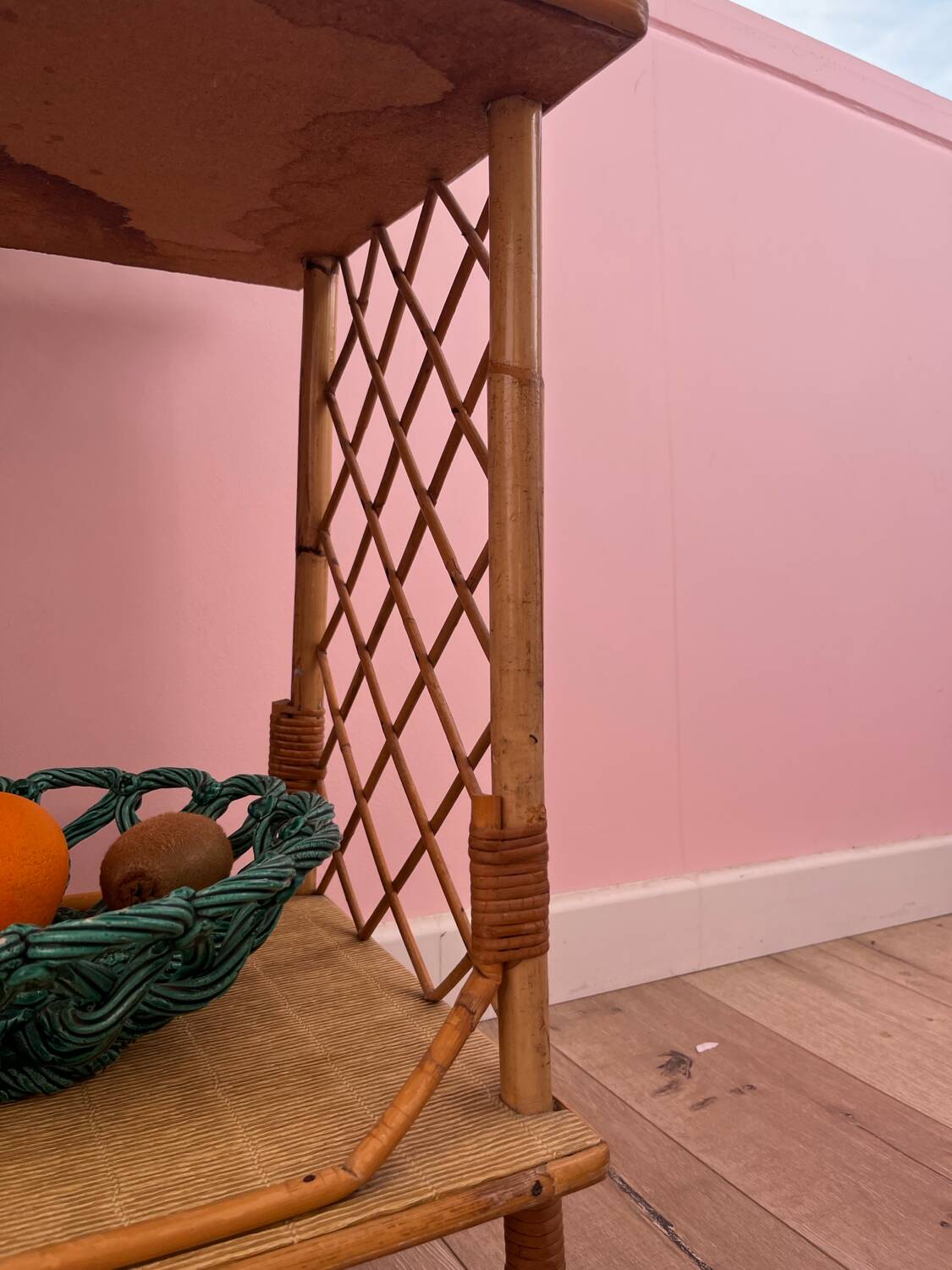 Rolling side table, serving cart, vintage rattan and wicker 60.