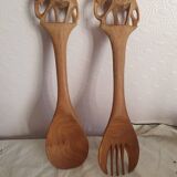 Couverts de service n bois sculpté art populaire vintage