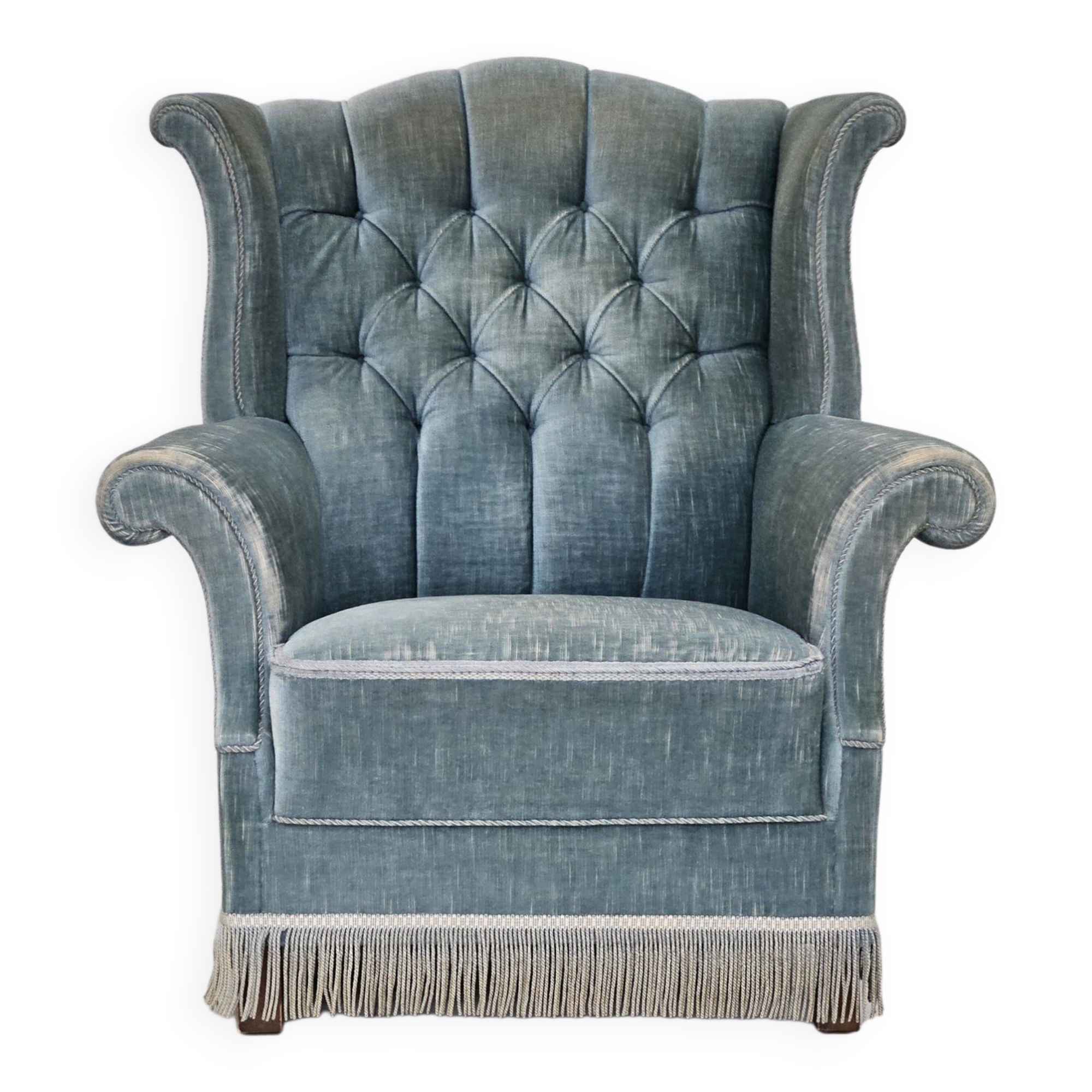 Années 1960, fauteuil à oreilles danois, velours bleu clair, bon état d'origine.