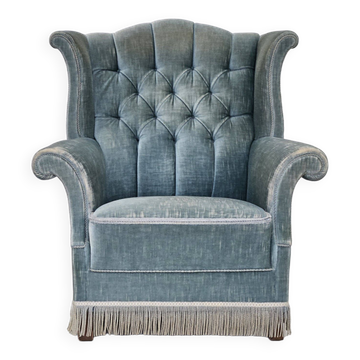 1960s, Danish wingback armchair, light blue velour, original good condition.