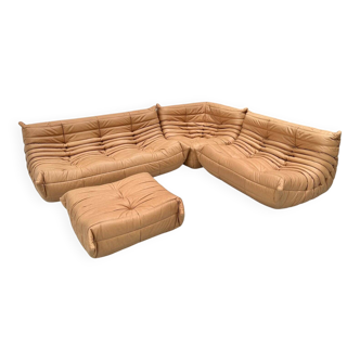 French camel brown leather Togo living room set attributed to Michel Ducaroy for Ligne Roset, set of 4