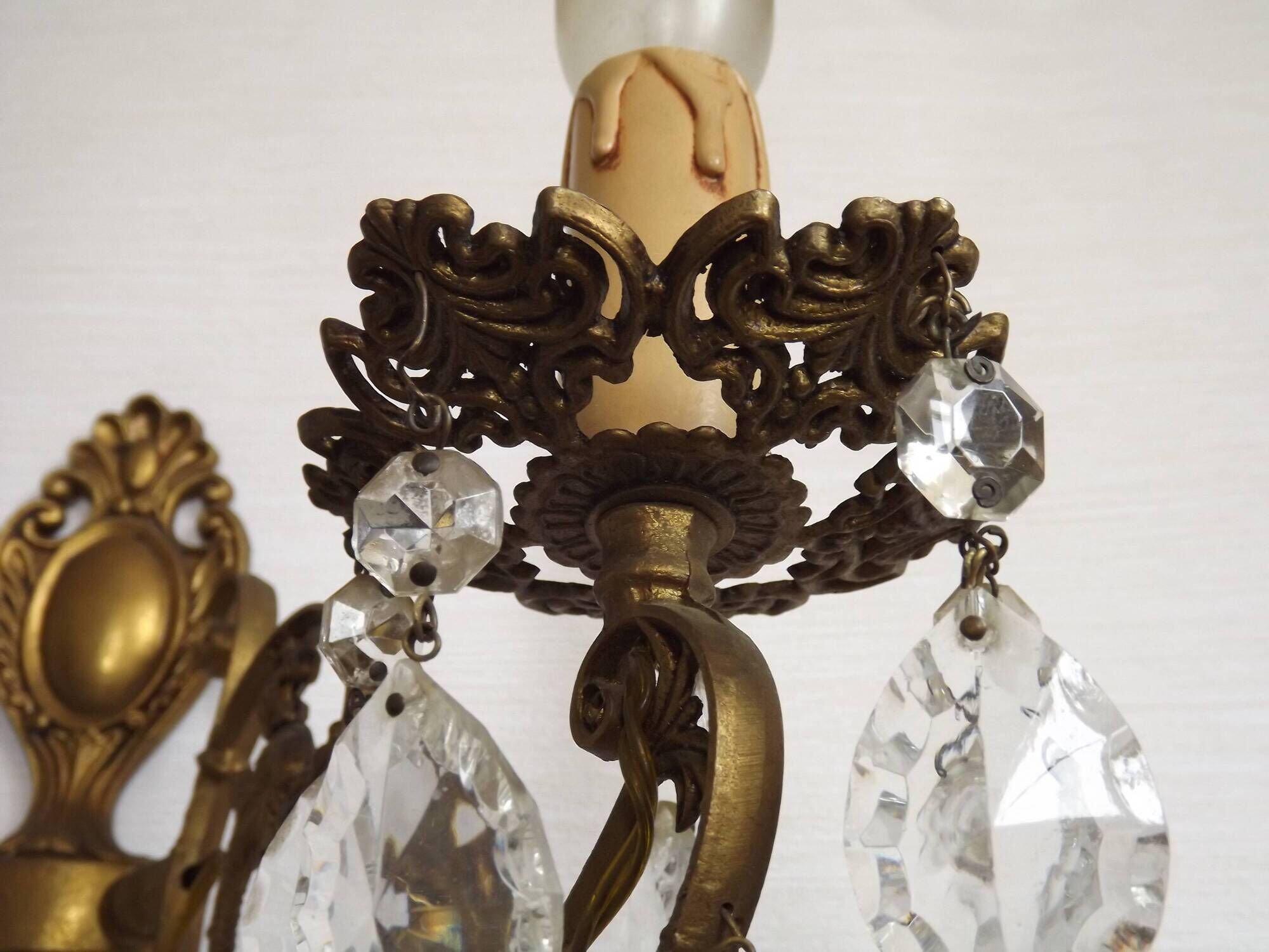 French Vintage Double Bronze & Crystal Wall Light - Stylized Dolphin Detail