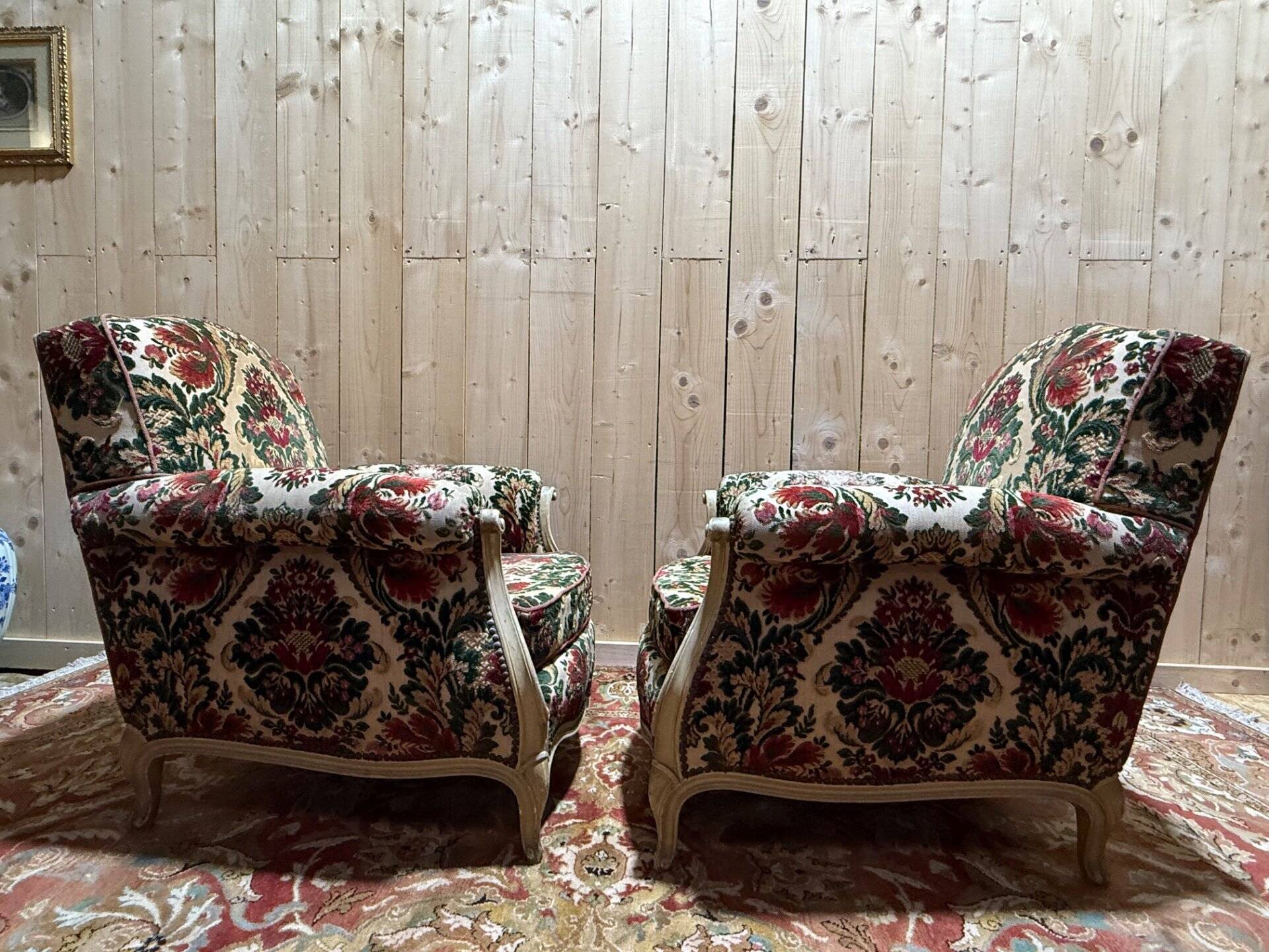 Pair of Louis XV style velvet bergère armchairs