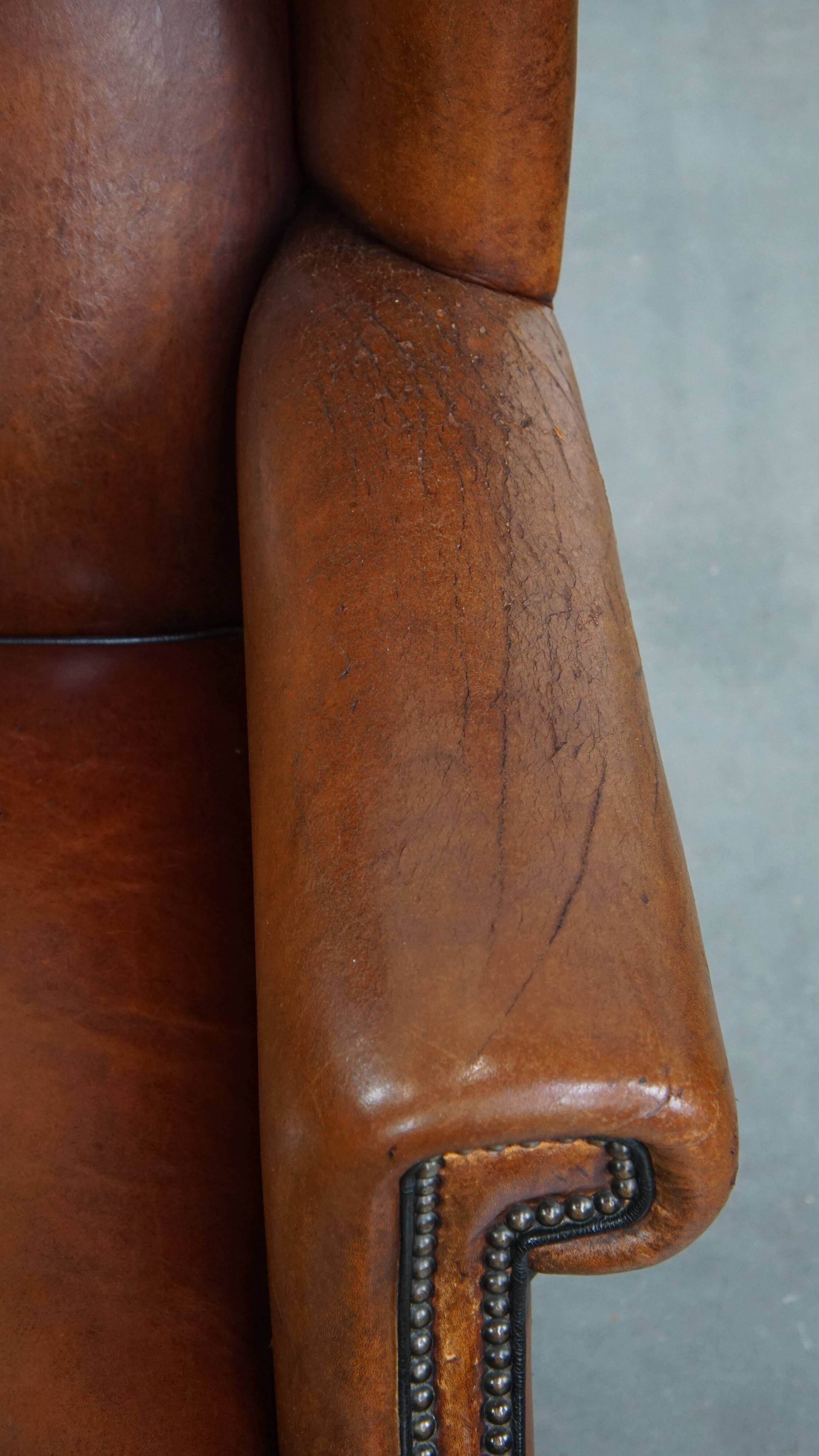 Large Vintage Sheepskin Leather Wingback Chair