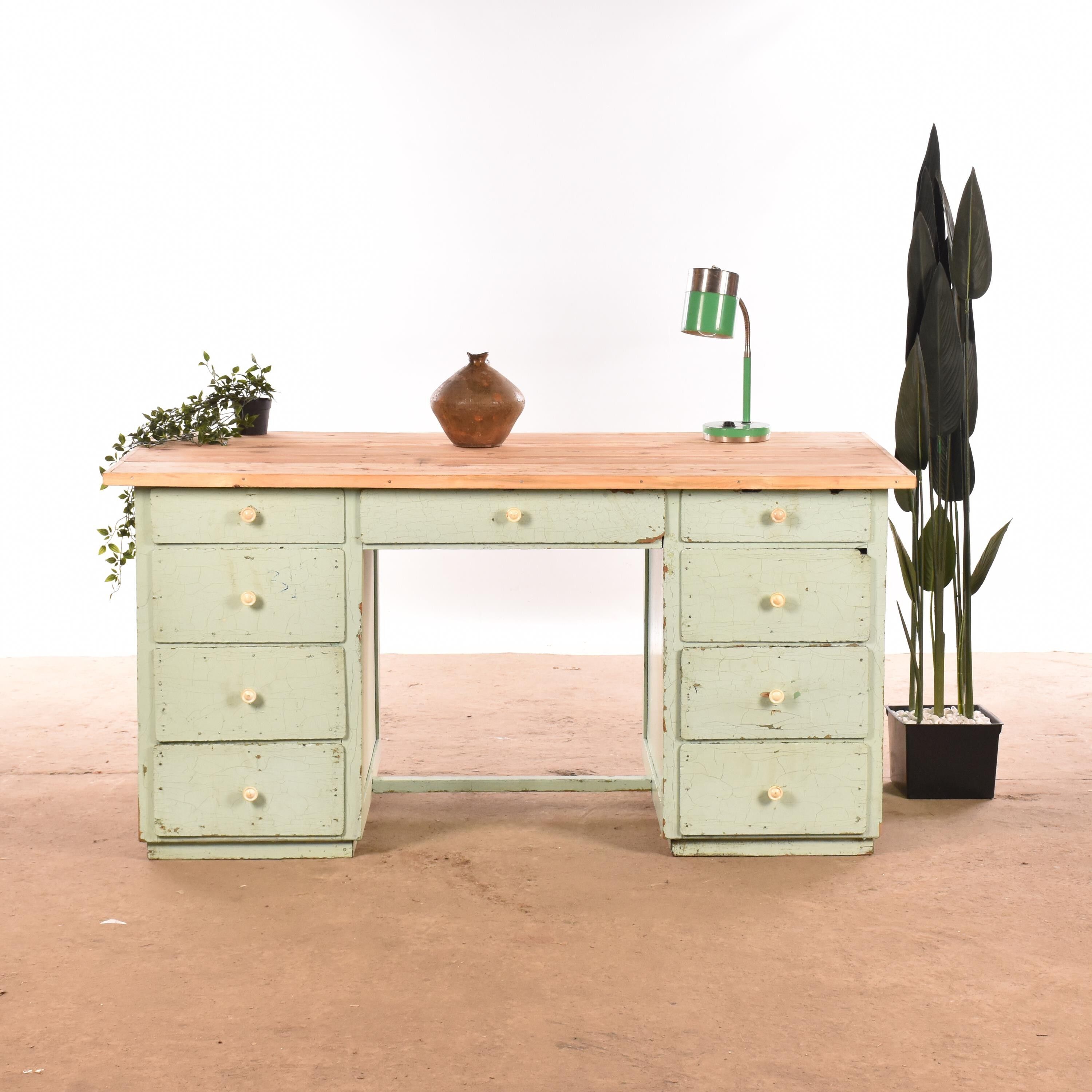 Industrial old desk workbench light green