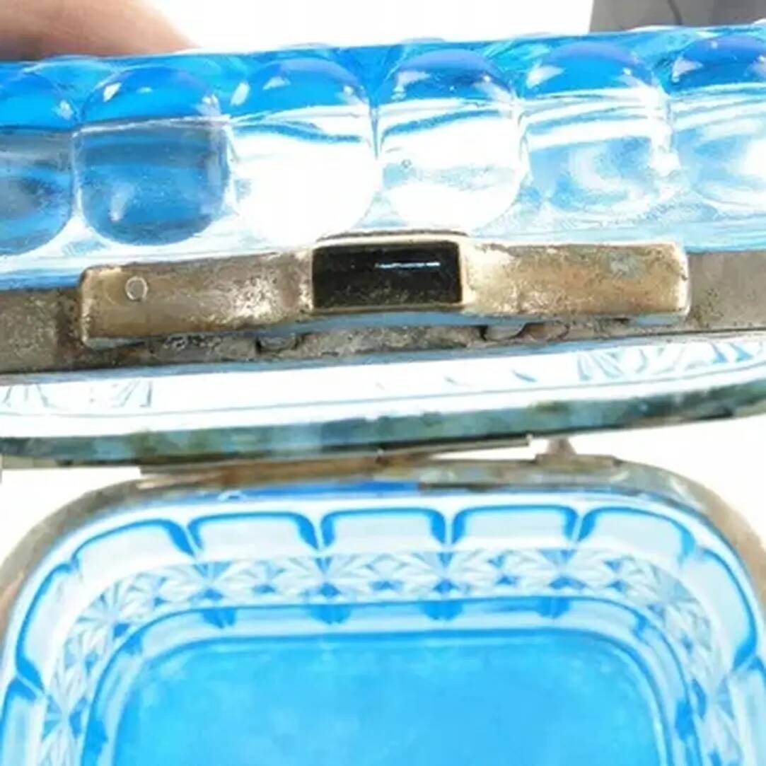 Art Deco bonbonniere, blue glass, Ząbkowice, Poland, 1930s