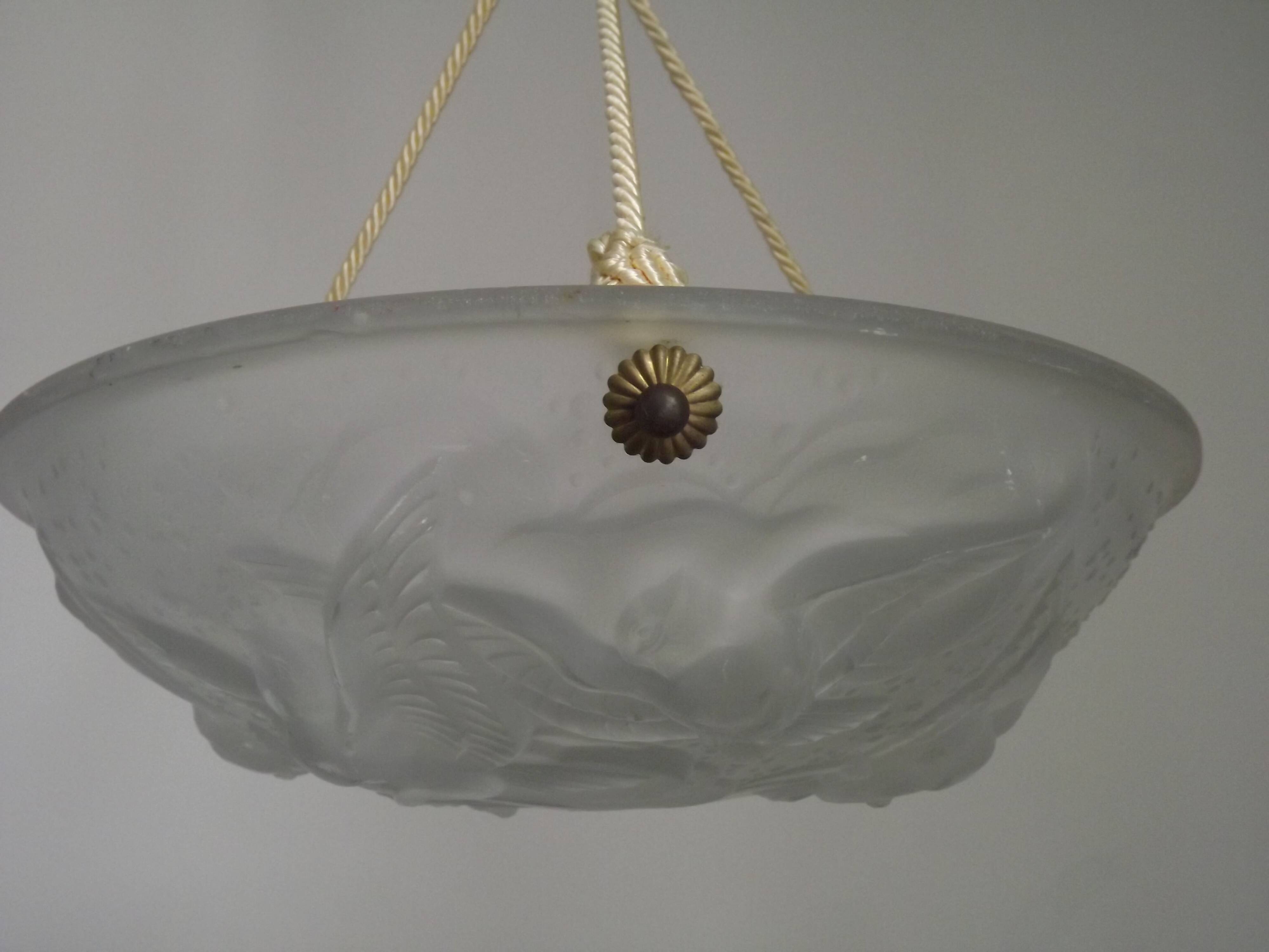 Signed Muller Frères Lunéville Art Deco Ceiling Light Flying Bird Detail