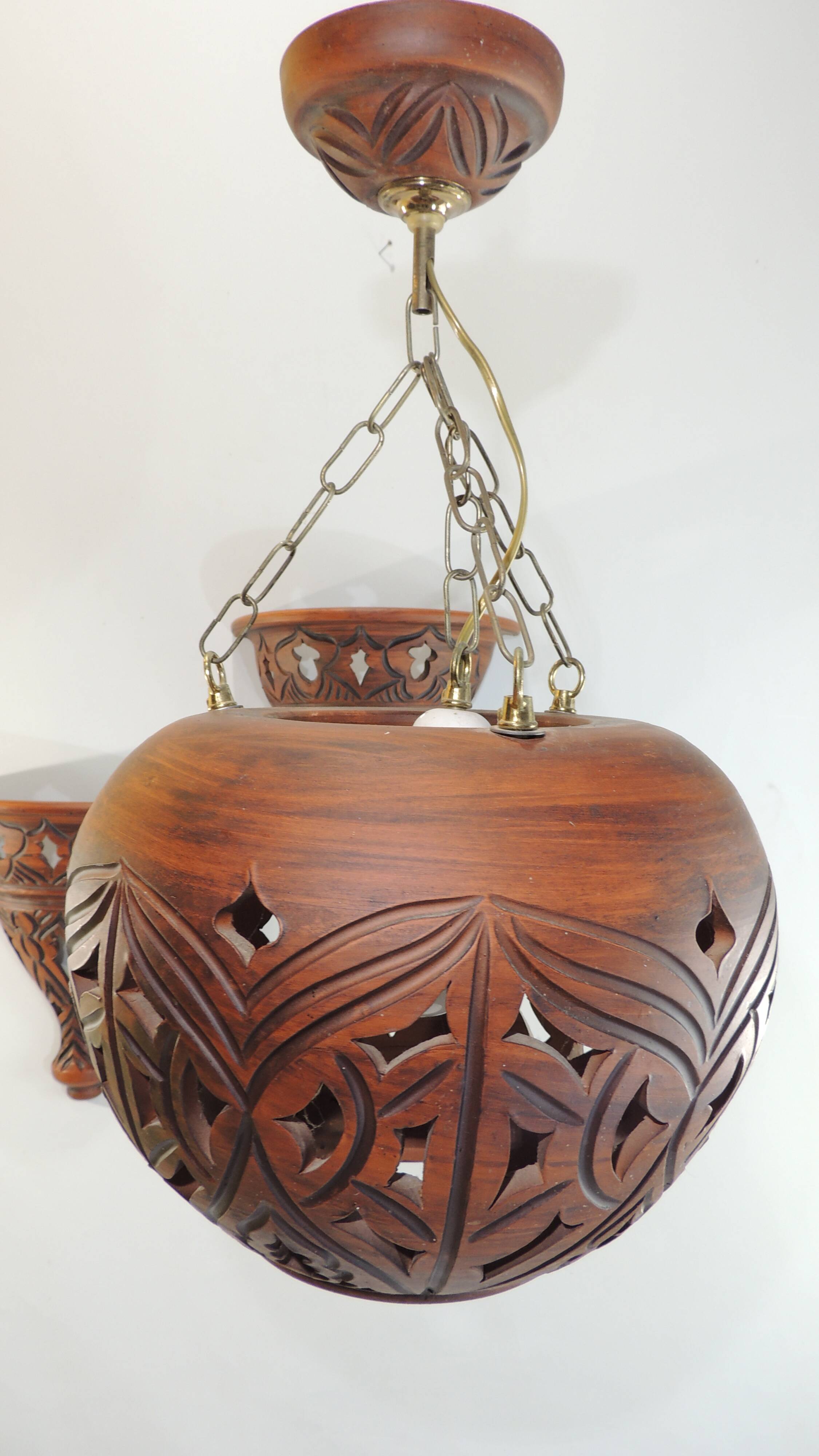 Suspension and pair of terracotta/vintage wall lights