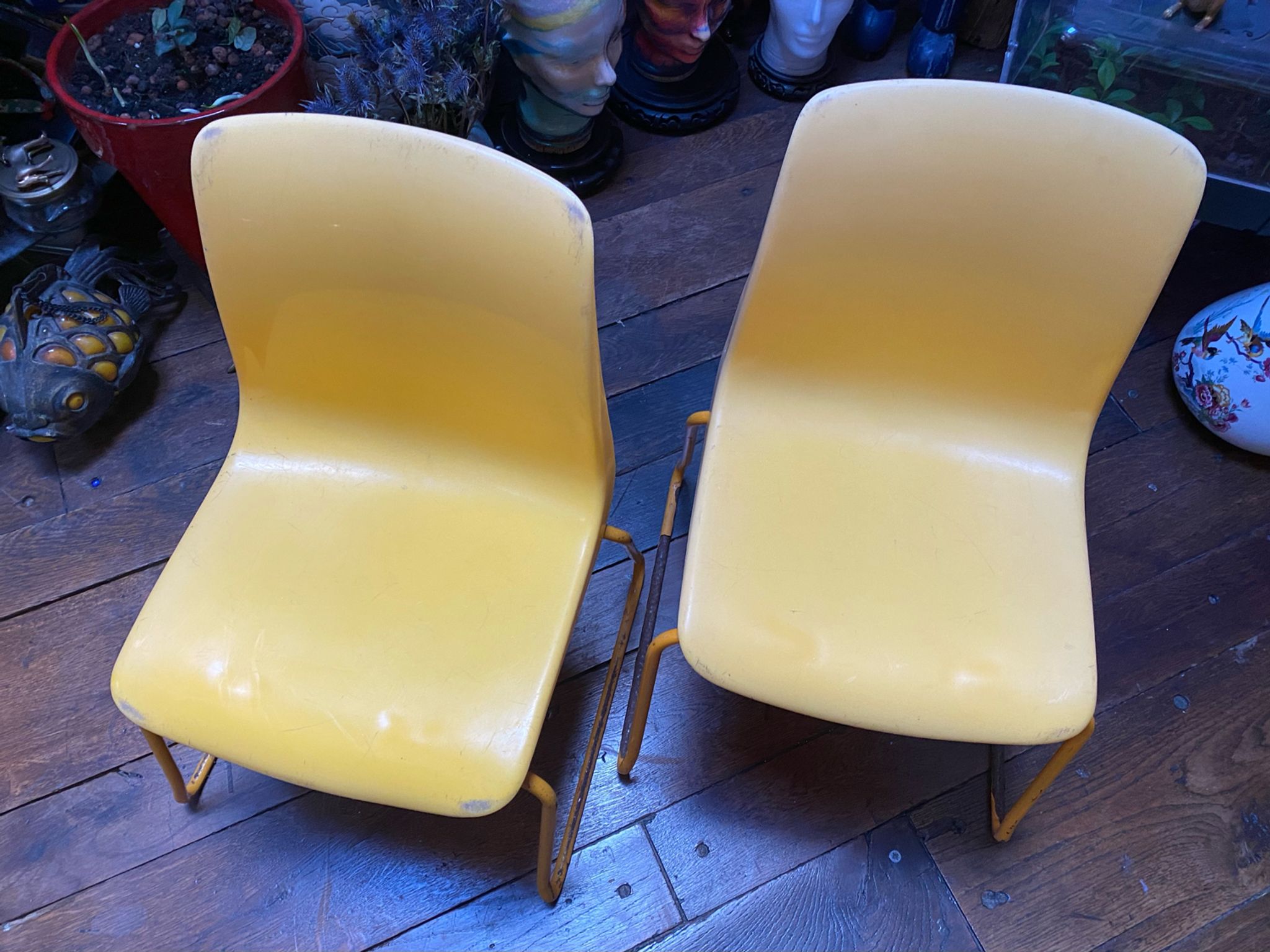 Duo of vintage Grofilex child kindergarten chairs yellow plastic