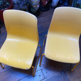 Duo of vintage Grofilex child kindergarten chairs yellow plastic