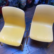 Duo of vintage Grofilex child kindergarten chairs yellow plastic