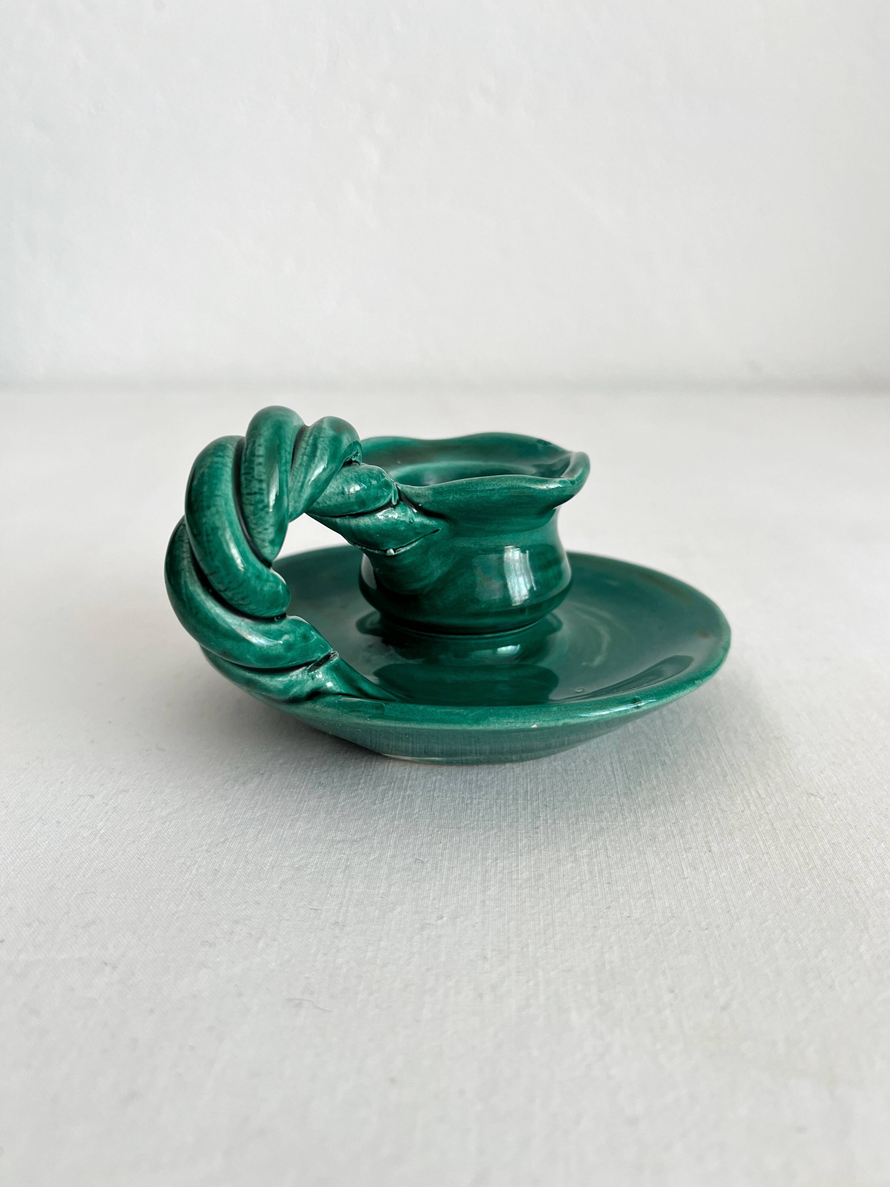 Vintage green ceramic candle holder with twisted handle