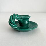 Vintage green ceramic candle holder with twisted handle