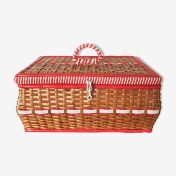 Vintage wicker and scoubidou sewing box