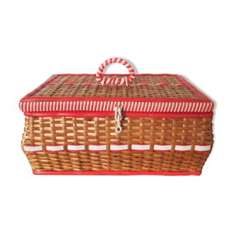 Vintage wicker and scoubidou sewing box